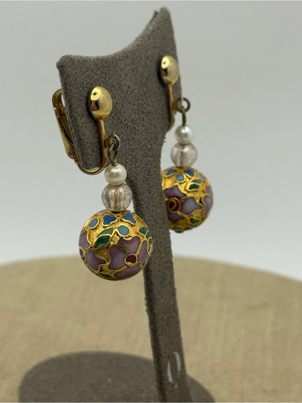 Vintage Gold-Tone Floral Cloisonné Drop Earrings with Pink and Green Accents